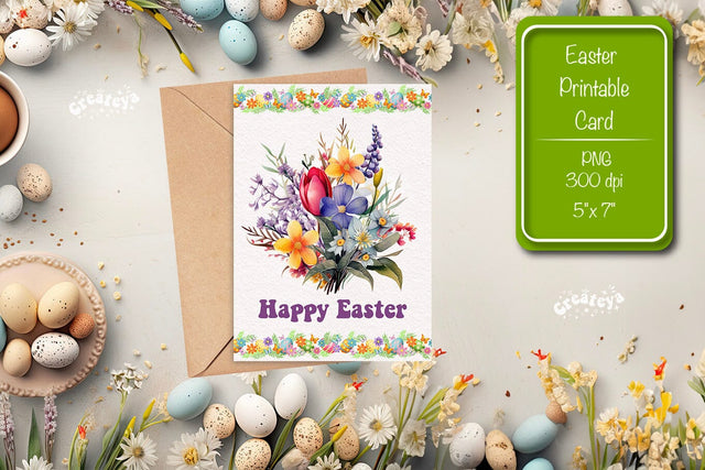 Printable Easter card Watercolor Easter Flowers Spring card Sublimation Createya Design 