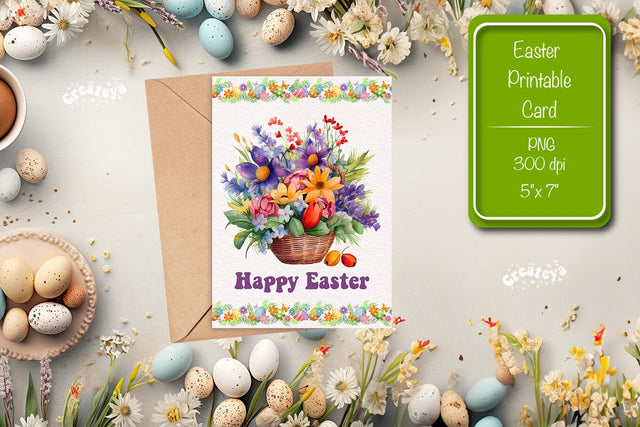 Printable Easter card Watercolor Easter Flowers Spring card Sublimation Createya Design 