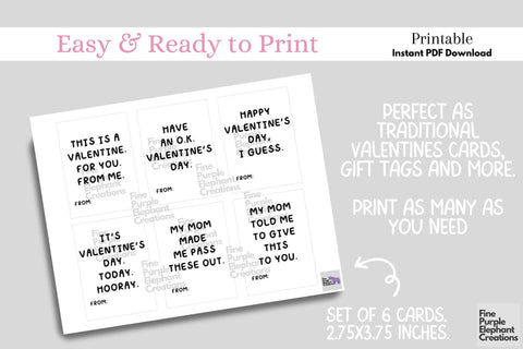 Printable Funny Teenage Valentine Digital Paper Cards Digital Pattern Fine Purple Elephant Creations 