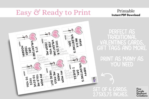 Printable Funny Tween Valentine Digital Paper Cards Digital Pattern Fine Purple Elephant Creations 