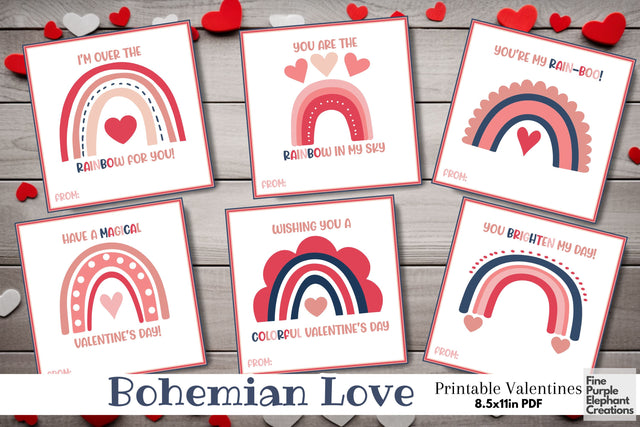 Printable Kid Boho Rainbow Valentine Digital Paper Card Digital Pattern Fine Purple Elephant Creations 