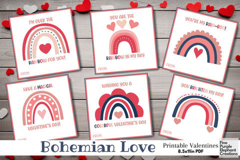 Printable Kid Boho Rainbow Valentine Digital Paper Card Digital Pattern Fine Purple Elephant Creations 