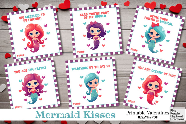 Printable Kid Magical Mermaid Valentine Digital Paper Cards Digital Pattern Fine Purple Elephant Creations 