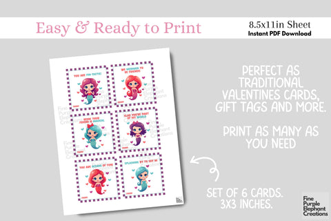Printable Kid Magical Mermaid Valentine Digital Paper Cards Digital Pattern Fine Purple Elephant Creations 