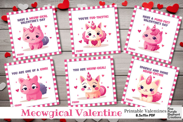 Printable Kid Pastel Rainbow Magical Kittycorn Valentine Digital Paper Cards Digital Pattern Fine Purple Elephant Creations 