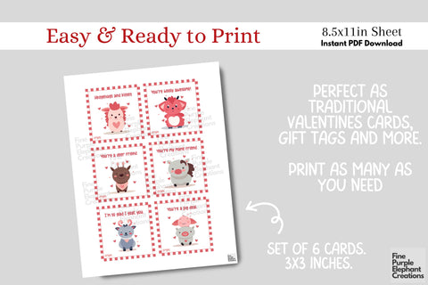 Printable Kids Barnyard Farm Animals Valentine Digital Paper Cards Digital Pattern Fine Purple Elephant Creations 