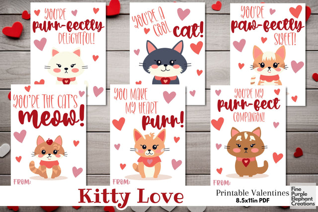 Printable Kids Cat Kitten Valentine Digital Paper Cards Digital Pattern Fine Purple Elephant Creations 