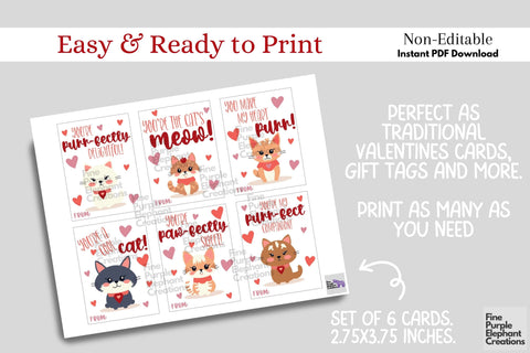 Printable Kids Cat Kitten Valentine Digital Paper Cards Digital Pattern Fine Purple Elephant Creations 