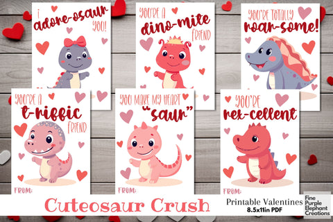 Printable Kids Dinosaur Valentine Digital Paper Cards Digital Pattern Fine Purple Elephant Creations 