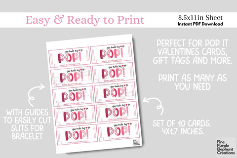 Printable Kids Fidget Pop It Bracelet Valentine Popit Paper Cards Digital Pattern Fine Purple Elephant Creations 