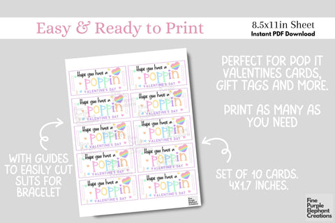 Printable Kids Fidget Poppin Pop It Bracelet Valentine Popit Paper Cards Digital Pattern Fine Purple Elephant Creations 
