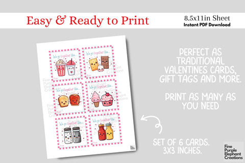 Printable Kids Kawaii We Go Together Like Valentine Digital Paper Cards Digital Pattern Fine Purple Elephant Creations 