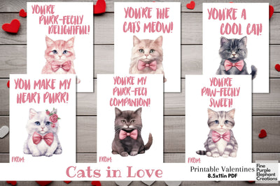 Printable Kids Watercolor Cat Valentine Digital Paper Cards Digital Pattern Fine Purple Elephant Creations 