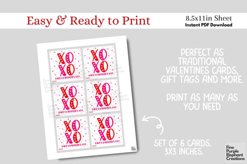 Printable Kids XOXO Hugs Kisses Valentine Digital Paper Card Digital Pattern Fine Purple Elephant Creations 