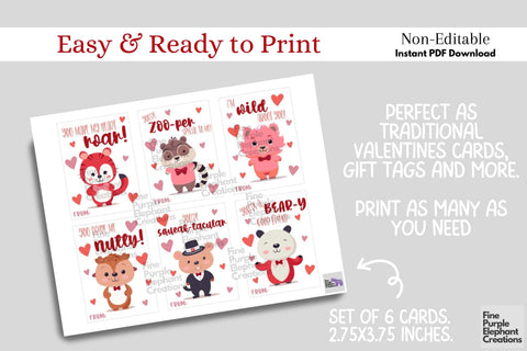Printable Kids Zoo Valentine Digital Paper Cards Digital Pattern Fine Purple Elephant Creations 