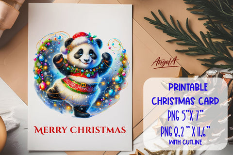 Printable Merry Christmas card template, cute panda bear PNG Sublimation Angelina Semenova 