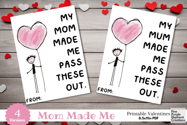 Printable Mom Made Me Valentine Digital Paper Cards Digital Pattern Fine Purple Elephant Creations 
