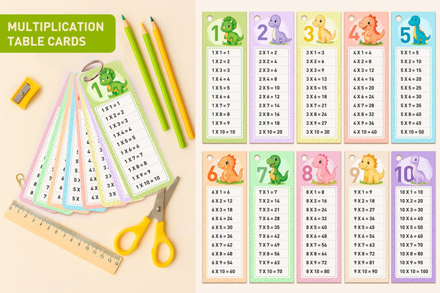 Printable Multiplication Table Cards – Dinosaurs Sublimation KMarinaDesign 