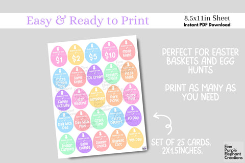 Printable Pastel Easter Egg Coupon Digital Paper Cards | Basket Filler Token Digital Pattern Fine Purple Elephant Creations 