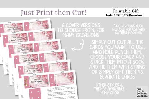 Printable Pink Rose Mother's Day Digital Coupon Book Cards Digital Pattern Fine Purple Elephant Creations 