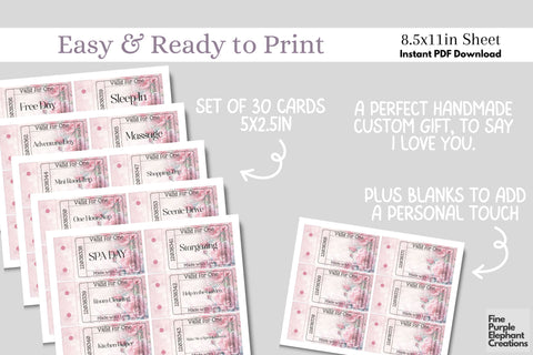 Printable Pink Rose Mother's Day Digital Coupon Book Cards Digital Pattern Fine Purple Elephant Creations 