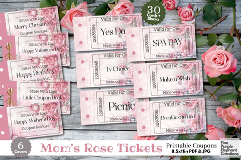 Printable Pink Rose Mother's Day Digital Coupon Book Cards Digital Pattern Fine Purple Elephant Creations 