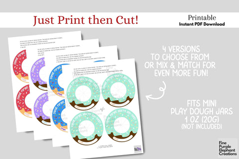 Printable Play Dough Donut Valentine | Mini Playdoh Non-Candy Favors Digital Pattern Fine Purple Elephant Creations 