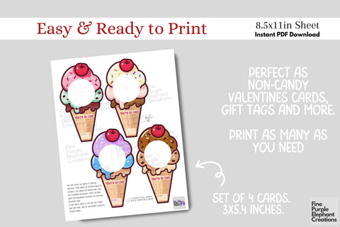 Printable Play Dough Ice Cream Valentine | Mini Playdoh Non-Candy Favors Digital Pattern Fine Purple Elephant Creations 