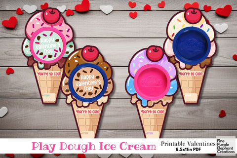 Printable Play Dough Ice Cream Valentine | Mini Playdoh Non-Candy Favors Digital Pattern Fine Purple Elephant Creations 