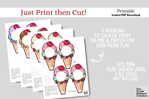 Printable Play Dough Ice Cream Valentine | Mini Playdoh Non-Candy Favors Digital Pattern Fine Purple Elephant Creations 