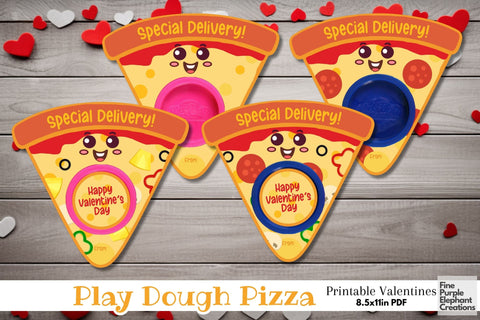 Printable Play Dough Pizza Valentine | Mini Playdoh Non-Candy Favors Digital Pattern Fine Purple Elephant Creations 