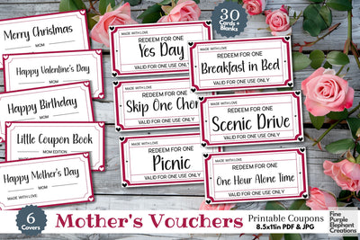 Printable Red Heart Mother's Day Digital Coupon Book Cards Digital Pattern Fine Purple Elephant Creations 