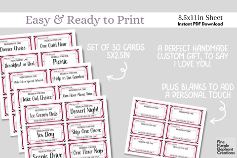 Printable Red Heart Mother's Day Digital Coupon Book Cards Digital Pattern Fine Purple Elephant Creations 