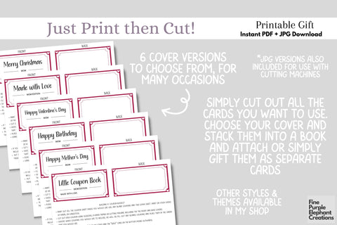 Printable Red Heart Mother's Day Digital Coupon Book Cards Digital Pattern Fine Purple Elephant Creations 