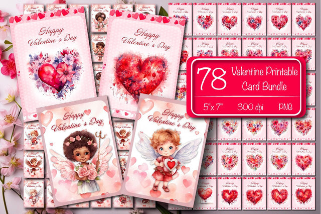 Printable Valentine card Bundle Angels and Flower heart Watercolor St Valentine's Day postcard Sublimation Createya Design 