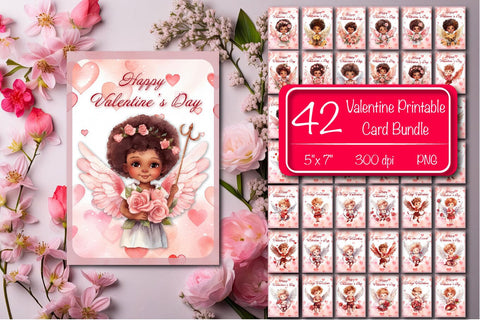 Printable Valentine card Bundle Baby Angel with wings St Valentine's Day postcard Watercolor Sublimation Createya Design 