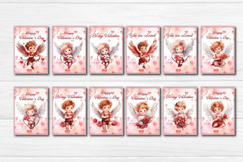 Printable Valentine card Bundle Baby Angel with wings St Valentine's Day postcard Watercolor Sublimation Createya Design 