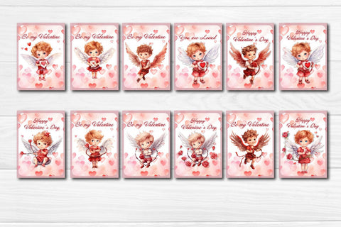 Printable Valentine card Bundle Baby Angel with wings St Valentine's Day postcard Watercolor Sublimation Createya Design 