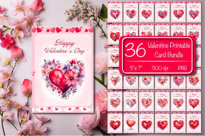 Printable Valentine card Bundle Flower heart Watercolor St Valentine Day postcard Sublimation Createya Design 