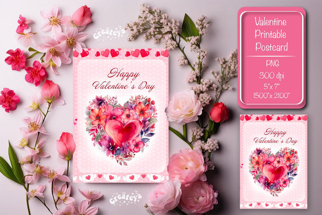 Printable Valentine card Watercolor flower Heart St Valentine's Day postcard Sublimation Createya Design 