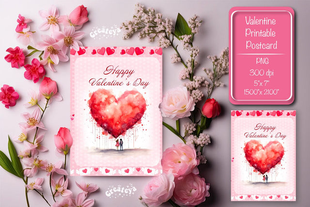 Printable Valentine card Watercolor flower Heart St Valentine's Day postcard Sublimation Createya Design 