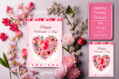 Printable Valentine card Watercolor flower Heart St Valentine's Day postcard Sublimation Createya Design 