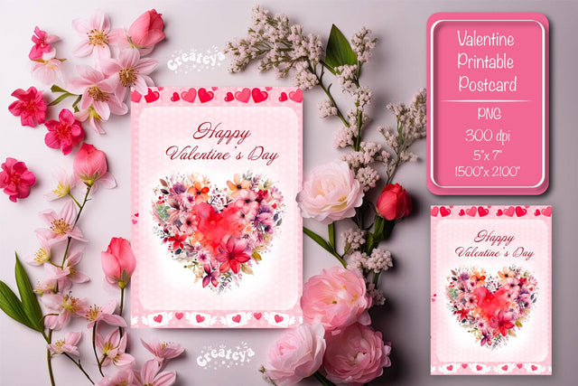Printable Valentine card Watercolor flower Heart St Valentine's Day postcard Sublimation Createya Design 