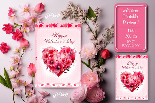 Printable Valentine card Watercolor flower Heart St Valentine's Day postcard Sublimation Createya Design 