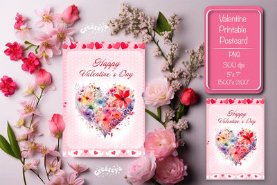 Printable Valentine card Watercolor flower Heart St Valentine's Day postcard Sublimation Createya Design 