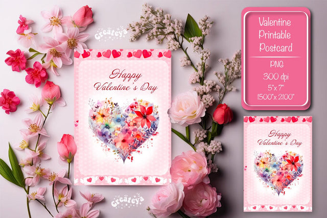 Printable Valentine card Watercolor flower Heart St Valentine's Day postcard Sublimation Createya Design 