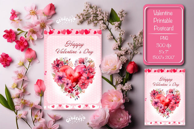 Printable Valentine card Watercolor flower Heart St Valentine's Day postcard Sublimation Createya Design 
