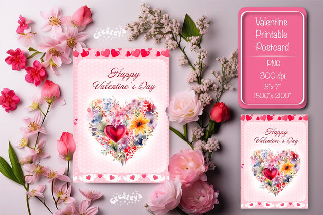 Printable Valentine card Watercolor flower Heart St Valentine's Day postcard Sublimation Createya Design 