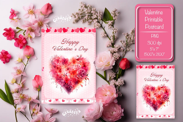 Printable Valentine card Watercolor flower Heart St Valentine's Day postcard Sublimation Createya Design 