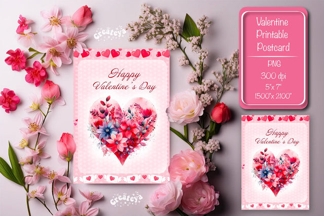 Printable Valentine card Watercolor flower Heart St Valentine's Day postcard Sublimation Createya Design 